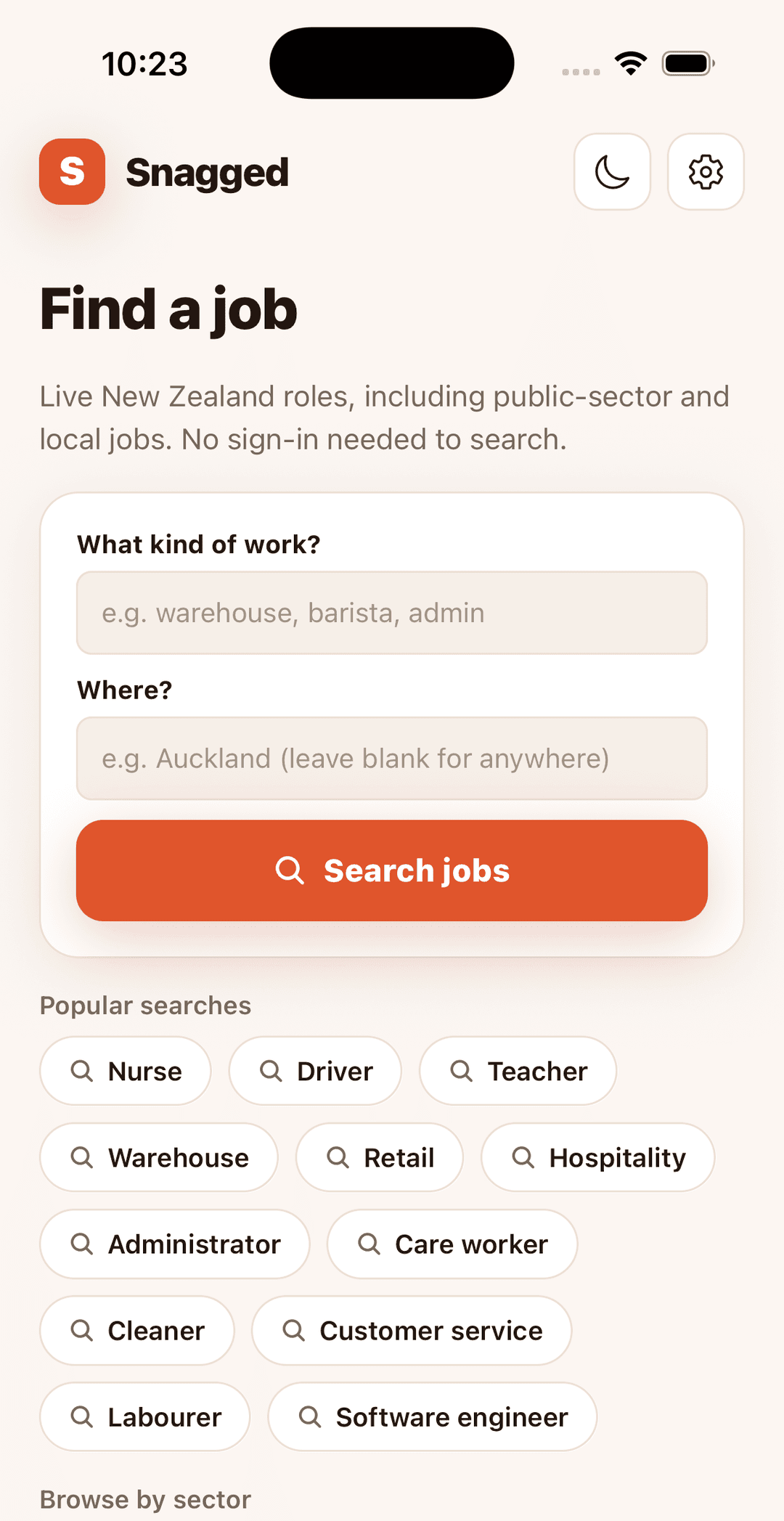 Snagged search screen showing live NZ job matches